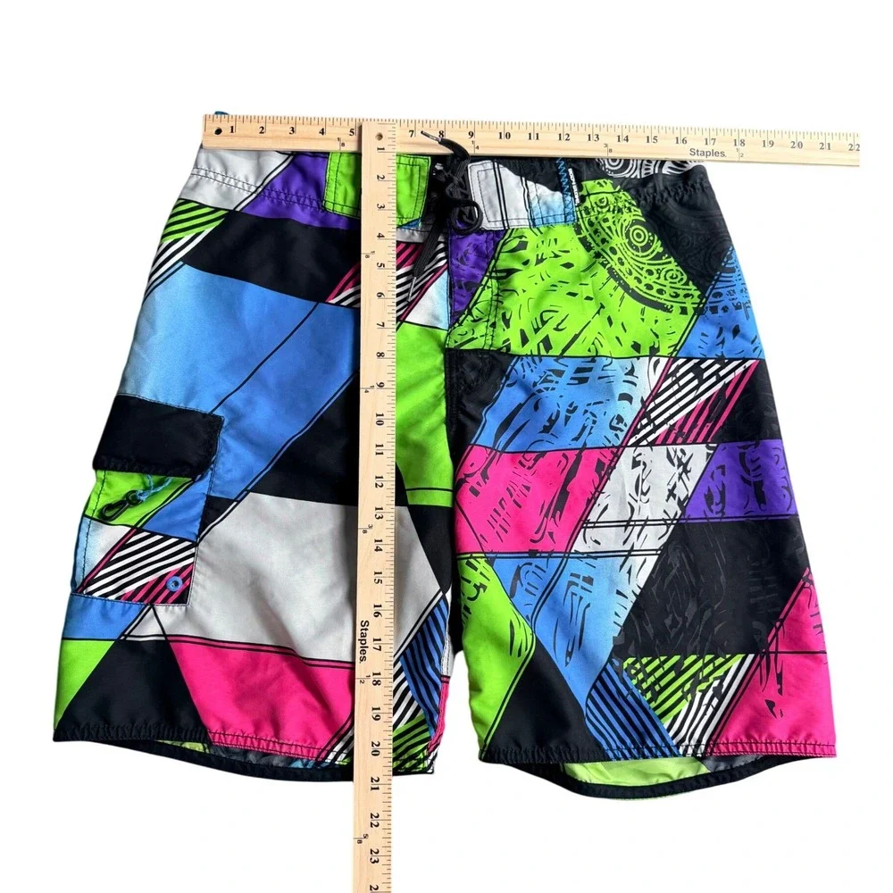 Vintage Y2K Body Glove Board Shorts Size 34 Neon Geometric Pattern Dopamine Surf